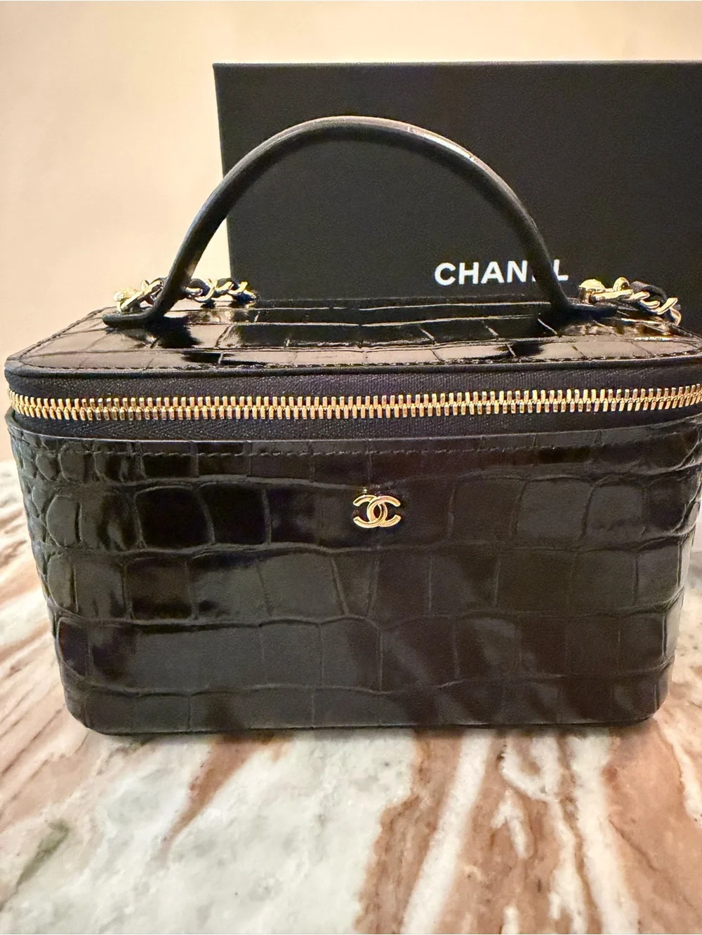 CHANEL Black Croc-Embossed Vanity Box Bag with Gold Hardware new with box